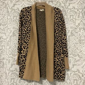 100% Cotton Animal Print Cardigan Sweater Black Tan S
